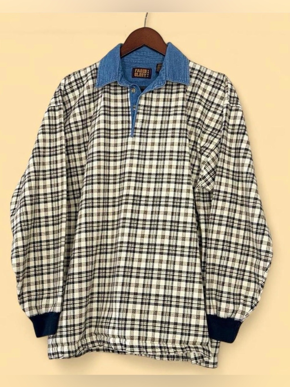 Vintage Faded Glory Plaid Pullover with Denim Collar Sz Large Grandpacore